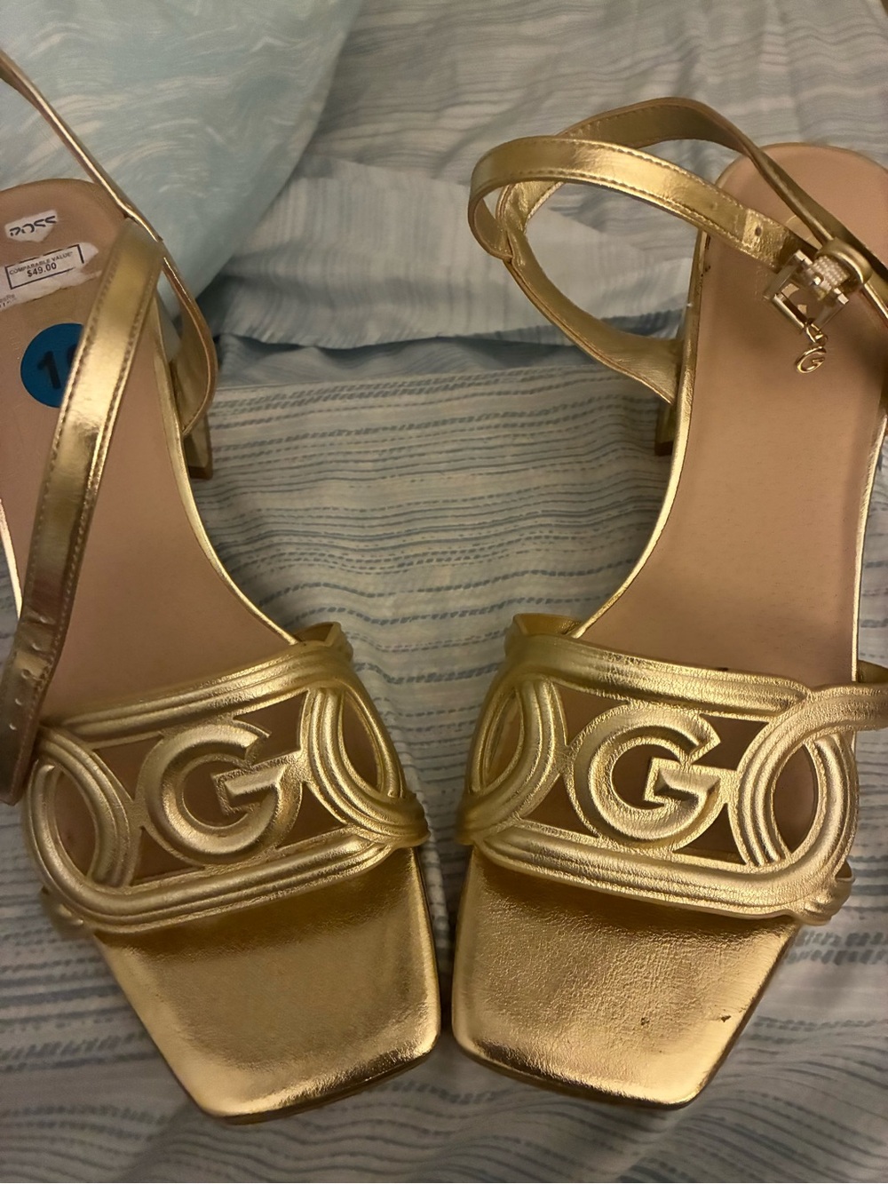 GBG Los Angeles Gold Metallic Logo Cutout Heels